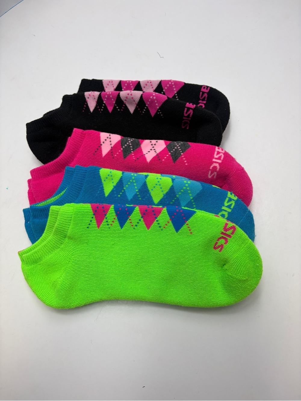 ASICS Low-Cut Argyle No-Show Socks - Black, Pink, Blue, Green